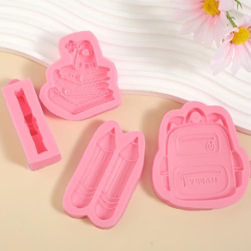 4 Pcs Back-To-School Backpack Silicone Mold, Book Pencil Cake Decoration Fondant Molds, for Graduation Season Cupcake Toppers, Cookies, Candy, Clay, Resin, Sugar Craft, Chewing Gum, Pendant