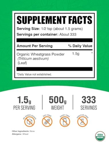 BulkSupplements.com Organic Wheatgrass Powder - Organic Super Greens Powder, Superfoods Supplement - Vegan & Gluten Free, 1.5g per Serving, 500g (1.1 lbs) (Pack of 1)