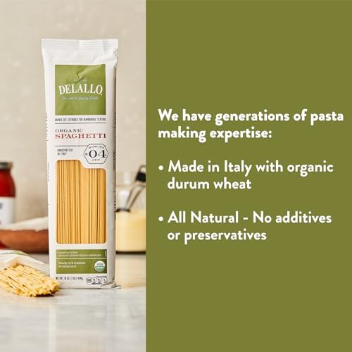 DeLallo Organic Spaghetti Pasta, Made in Italy with 100% Certified Organic Semolina Durum Wheat Flour, Bronze Cut, Non-GMO, Kosher, Vegan, 1 Pound Bag, (4 Pack)