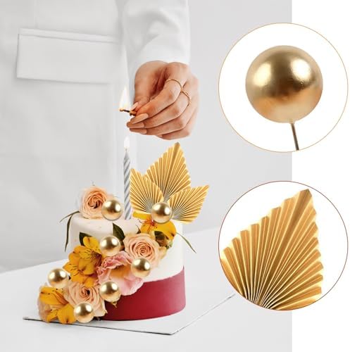 28pcs Palm Leaves Cake Decorations, 20pcs Foam Balls Cake Topper, 8pcs Paper Palm Leaf Inserts for Baby Shower, Wedding, Birthday Parties (Gold)
