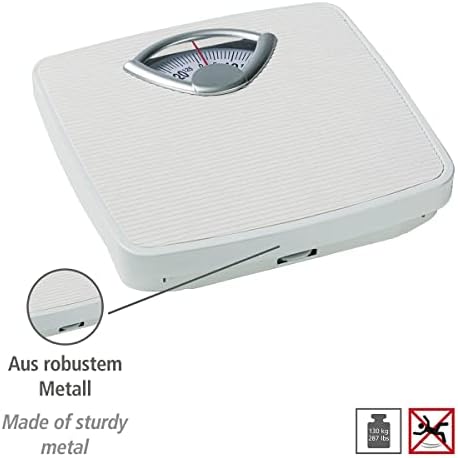 WENKO Mechanical, Precise, Analog Body Scale with Large Scale and Non-Slip Tread, Measuring Range up to 130 kg in 1 kg Steps, Metal housing in White, 27 x 4.5 x 26.5 cm