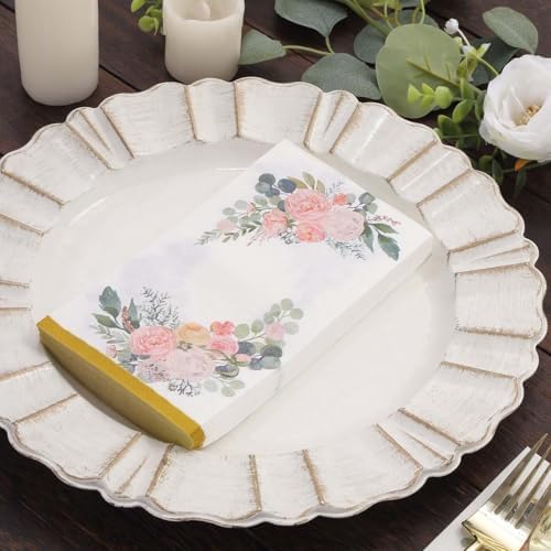 Efavormart 20 Pack White Pink Peony Flowers Print Paper Dinner Napkins with Gold Edge, Soft 2-Ply Highly Absorbent Disposable Party Napkins