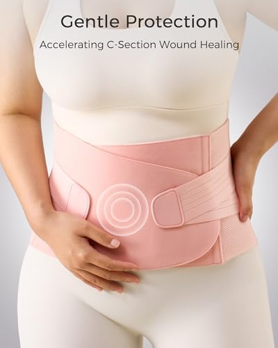 FREETOO Postpartum Belly Band Wrap for Women,Abdominal Binder Post Surgery with Ergonomical Back Support,C Section Belly Binder Post Partum,Stomach Binder Postpartum with Adjustable Compression,M,Pink