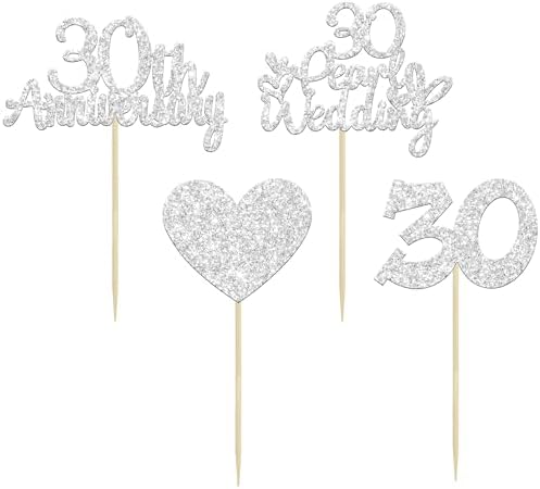 Gyufise 24Pcs 30th Anniversary Cupcake Toppers Heart Cake Toppers Pearl Wedding Anniversary Heart Cake Decoration for Wedding Anniversary Celebration Party Supplies