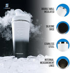 Ice Shaker Stainless Steel Shaker Bottle | 26oz, Black/White | Stays Cold for 30+ Hours | Insulated Cup with Twist-on Agitator | Odor-Free Shaker Cup for Protein Shakes, Water, Smoothies
