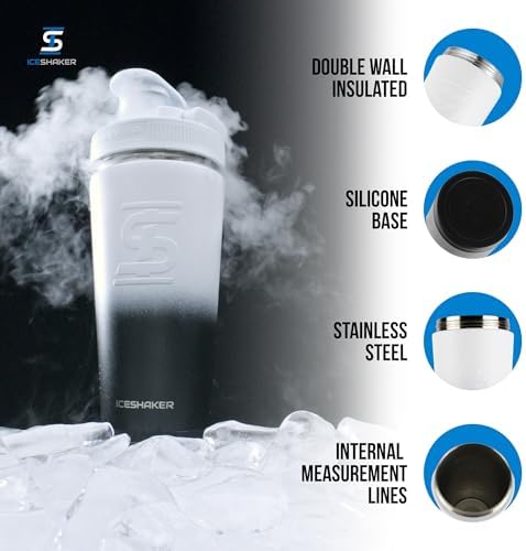 Ice Shaker Stainless Steel Shaker Bottle | 26oz, Black/White | Stays Cold for 30+ Hours | Insulated Cup with Twist-on Agitator | Odor-Free Shaker Cup for Protein Shakes, Water, Smoothies