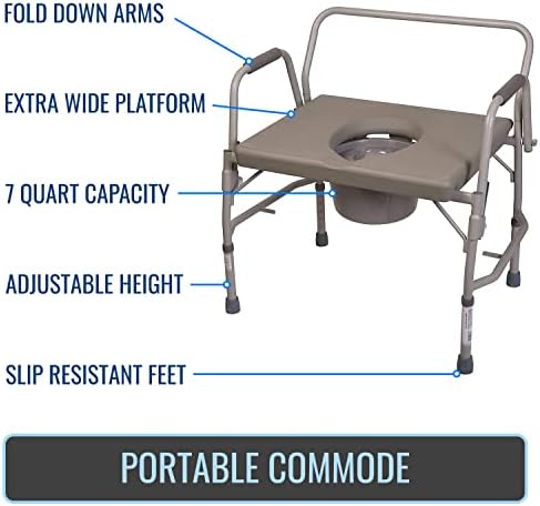 DMI Bedside Commode, Portable Toilet, Commode Chair, Raised Toilet Seat with Handles, Holds up to 500 Pounds with Included 7 qt Commode Bucket, Adjustable from 19-23 Inches, Extra Wide Commode