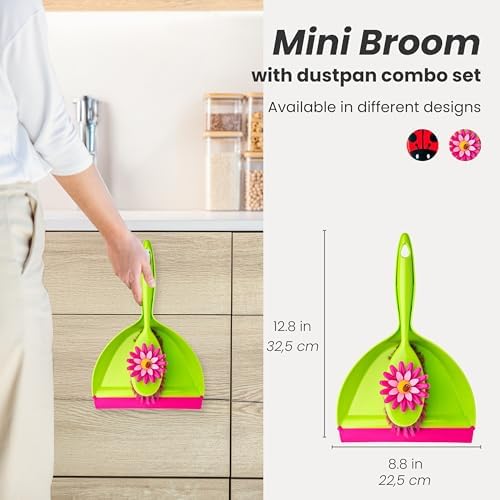 Vigar Flower Power Dust Pan and Brush Handy Set, 12-3/4-Inches, Green, Pink