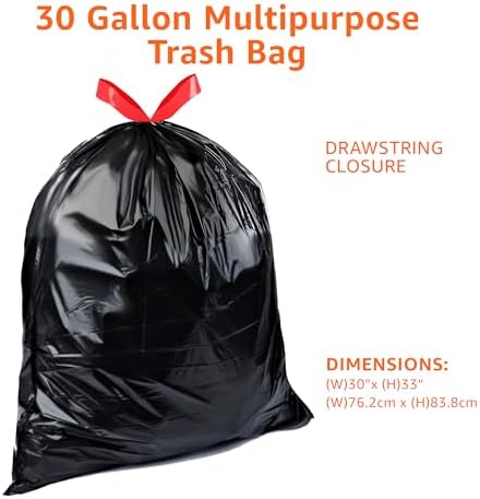 Amazon Basics Multipurpose Drawstring Trash Bags, 30 Gallon Capacity, Tear Resistant, 50 Count (Previously Solimo)