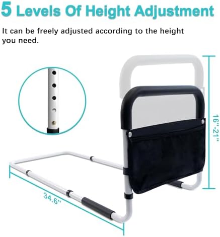 AOHHL Bed Rails for Elderly Adults Safety Adjustable Heights Storage Pocket Assist Support Side Railings for Seniors Citizens Slides Under Mattressbed Cane Bed Guard Bed Handles Bars(White)