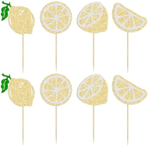 Gyufise 24Pcs Lemon Cupcake Toppers Glitter Fruit Theme Summer Lemonade Cupcake Picks for Kid Baby Shower Party Decorations Boy Girl Birthday Cake Party Supplies Gold