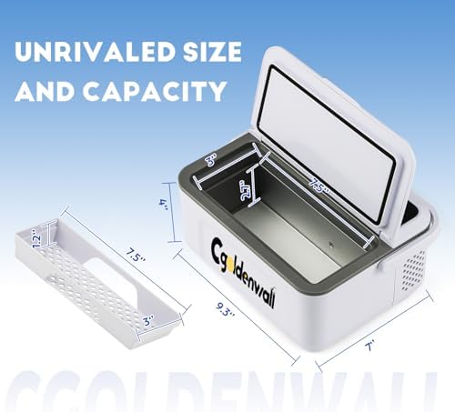 CGOLDENWALL Portable Insulin Cooler Box for Max.12 Pens, 7.5 * 3 * 2.7inches Internal Capacity 32-64℉ Setting with 5V 13600MAH Battery Mini Medicine Refrigerator for Home &Outdoor Use