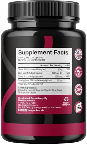 TMG Trimethylglycine Supplement with Methyl B Complex - 500mg Betaine TMG Supplement with Methylated Vitamin B Co Factors for Homocysteine Heart & Liver Support - Vegan & Non-GMO (1 Month Supply)