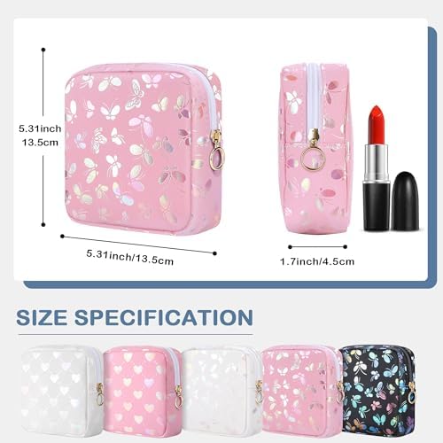 Likesing Period Bag Pouch, Leather Sanitary Napkin Storage Bag for Girls Womens, Portable Sanitary Napkin Period Pad Pouch Bag for Purse, Small Make Up Bags(Pink Butterflies)