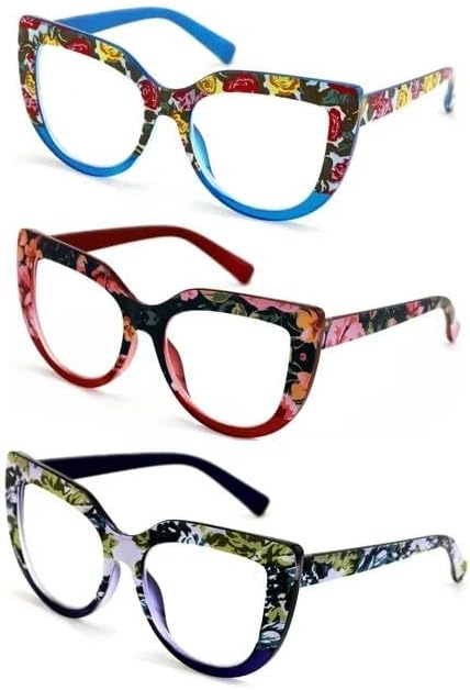 100 CLASSIC 3-Pack Oversized Cat Eye Blue Light/Anti-Glare Reading Glasses for Women Spring Hinges Floral Readers Ladies