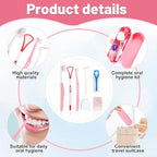 7-in-1 Travel Oral Care Kit with Case – Toothbrush, Tongue Scraper, Wisdom Toothbrush, Dental Floss, Floss Threaders, Interdental Brush, Dental Wax, Portable Hygiene Set for Daily Use Travel (Pink)