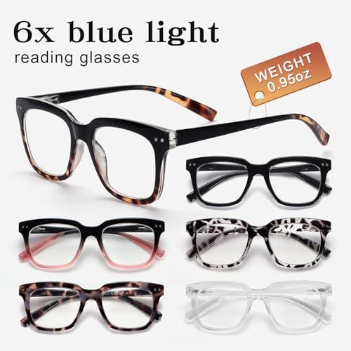 6 Pack Fashion Reading Glasses for Women Men Blue Light Blocking Oversized Square Readers with Spring Hinge