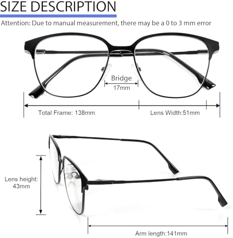 MMOWW 3 Pack Square Blue Light Blocking Reading Glasses Metal Frame Spring Hinges Computer Readers for Men Women