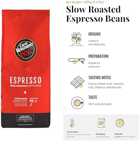 Caffe Vergnano Espresso Beans, Large 2.2lb Bag - Medium Roast Arabica Robusta Coffee Beans, Chocolate & Caramel Notes - Perfect for Expresso Machine, Moka Pot, French Press, Drip Coffee Maker