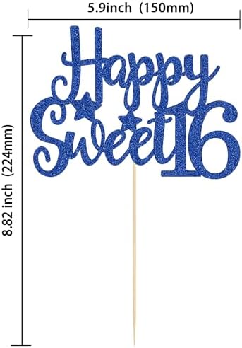 Gyufise 1Pc Happy Sweet 16 Cake Topper Blue Glitter Sweet 16 Birthday Cake Decoration Happy 16th Birthday Decorations for Girls Boys Party Supplies