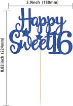 Gyufise 1Pc Happy Sweet 16 Cake Topper Blue Glitter Sweet 16 Birthday Cake Decoration Happy 16th Birthday Decorations for Girls Boys Party Supplies