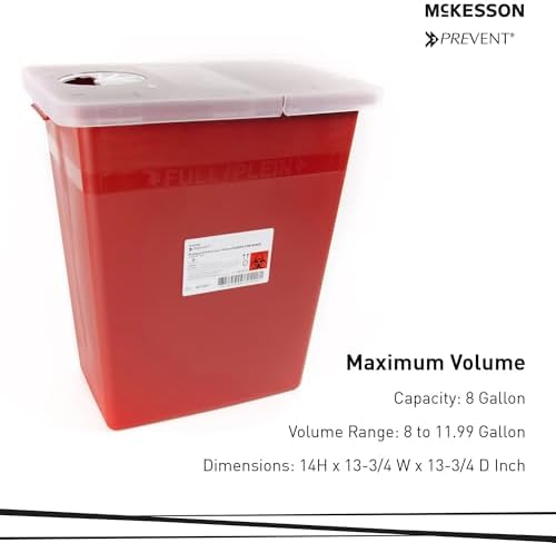 McKesson Prevent Sharps Container, Biohazard, Locking Lid, Red, 8 gal, 13 3/4 in x 13 3/4 in x 14 in