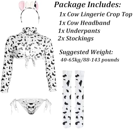 Women Sexy Cow Lingerie Set Anime Maid Cosplay Costume Sexy Roleplay Costumes Crop Top Set with Underpants Headband Stockings
