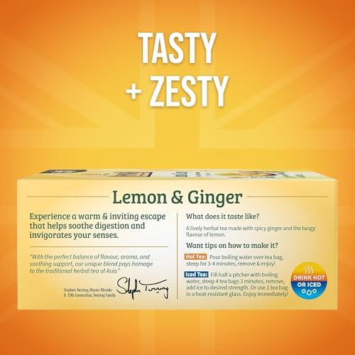 Twinings Lemon & Ginger Herbal Tea Individually Wrapped Bags, 100 Count (Pack of 1), Tangy Lemon, Spicy Ginger, Naturally Caffeine-Free, Enjoy Hot or Iced, 100 Teabags