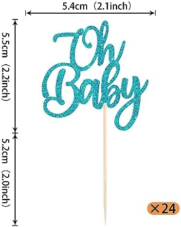 Rsstarxi 24 Pack Oh Baby Cupcake Toppers Glitter Gender Reveal Themed Cupcake Picks Baby Shower Cake Decoration for Baby Baptism Kids Birthday Party Decorations Blue