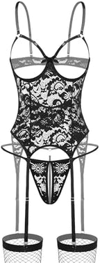 Avidlove Lingerie Sets for Women Underwire Lingerie Sexy Lace Cutout Bodysuit Garter Teddy with Fishnet Stockings