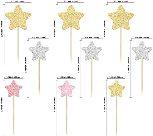 Gyufise 42Pcs Star Cupcake Toppers Gold Silver Pink Glitter Assembled Twinkle Star Cupcake Picks Wedding Engagement Bridal Shower Birthday Party Cake Decorations Supplies Mixed Size