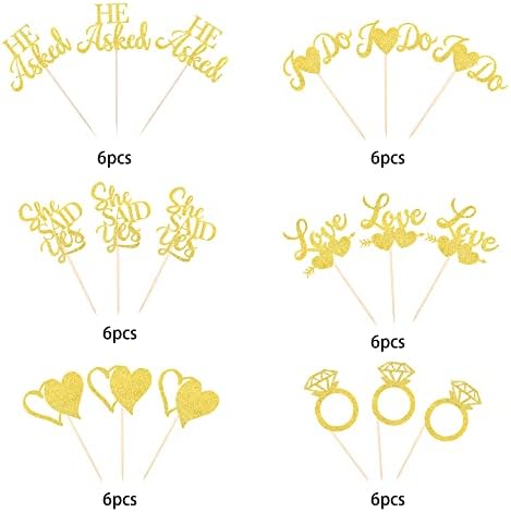 36 Pack He Asked She Said Yes Cupcake Toppers Glitter Love Heart I do Ring Cupcake Food Picks for Wedding Engagement Bridal Shower Party Cake Decorations Supplies Gold