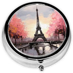 Oil Painting Paris Eiffel Tower Pill Case 3 Compartments, Metal Round Portable Pill Box with Mirror, Waterproof Travel Pill Organizer for Purse & Pocket, Small Medicine Vitamin Holder Unique Gift