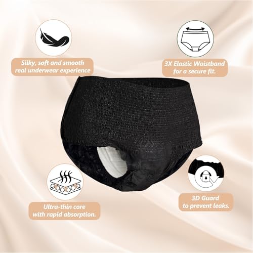 MOLLIS Disposable Period Underwear for Women, Postpartum Panties, Maternity Knickers Heavy Flow Leak Proof, Black, Large/X-Large, 8 Count