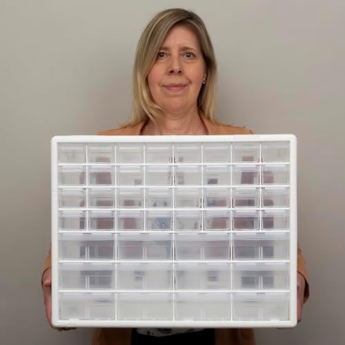 Akro-Mils 44-Drawer Plastic Drawer Storage Cabinet for Garage Organization, Bead Organizer, Building Bricks Storage, Teacher Toolbox, Makeup Organizer, 20" W x 6" D x 16" H, 10144 White