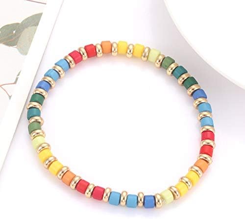 NVENF Beaded Bracelets for Women Brass Bead Ball Chain Bracelets Rainbow Enamel Tile Bracelets for Girls Stackable Layering Stretch Bracelet Bangles Birthday Party Holiday Gifts