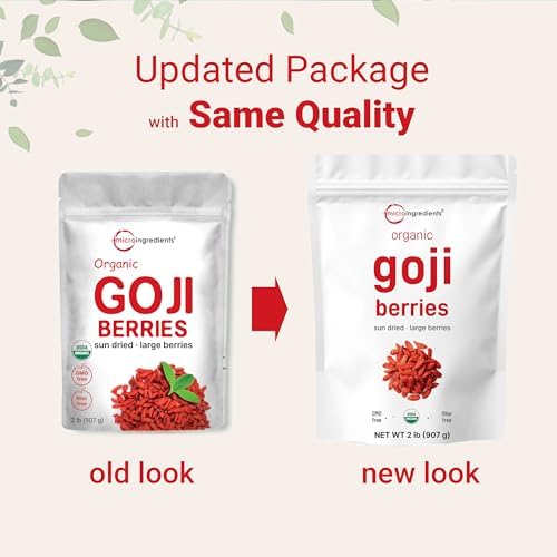 Micro Ingredients Organic Goji Berries 2lbs (32oz) | Large Whole Sun-Dried Berries | Raw Superfood Wolfberries | Natural Flavor for Trail Mix, Juice, & Tea | Sulfate Free, Vegan Friendly, Non-GMO