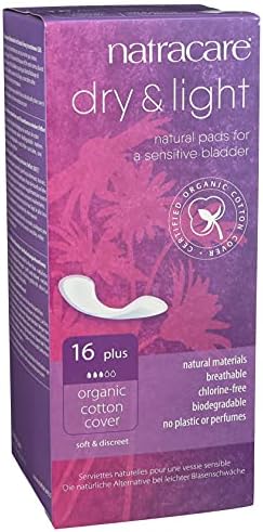 Natracare Dry & Light, Plus, Natural and Absorbent Pads with Organic Cotton Cover for Light Urinary Incontinence (1 Pack, 16 Pads Total)