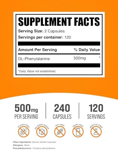 BulkSupplements.com DL-Phenylalanine Capsules - DLPA Supplement, Amino Acid Supplement - Gluten Free, 2 Capsules per Serving (500mg), 240 Capsules (Pack of 1)