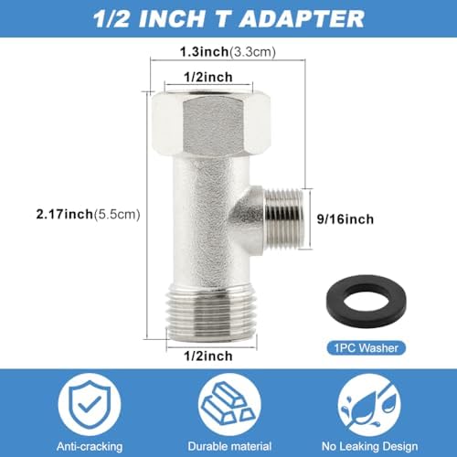 Bidet T Adapter, 3 Way Adapter or Tee Connector (Thread Size 1/2″ x 1/2″ x 9/16″), Bidet Attachment for Toilet (1/2inch)
