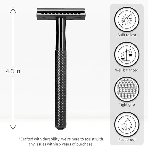 Bambaw Safety Razor for Men with 5 Blades, Double Edge Safety Razors for Men, Sustainable Single Blade Razor, Zero Waste Metal Razors - Black