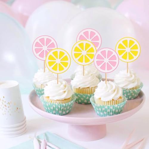 Ercadio 24 Pcs Lemon Cupcake Toppers Glitter Fruit Theme Summer Lemonade Cupcake Picks for Kid Baby Shower Party Decorations Boy Girl Birthday Cake Party Supplies Lemon Pink
