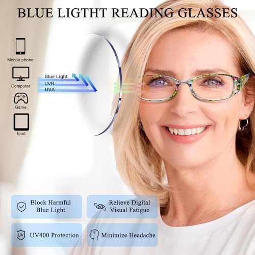 6 Pack Reading Glasses for Women, Blue Light Blocking Ladies Readers, Spring Hinge Fashion Pattern Print Eyeglasses