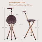 Heavy Duty Folding Cane with Seat Upgraded Tripod Design Walking Stick for Seniors Adjustable Height (32"-36") & Seat (18"-22") Portable Chair Cane for Travel Shopping Outdoor Supports up to 400 LBS