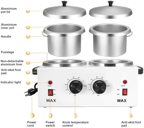 Wax Warmer Double Pot, Professional Electric Heater for Facial, Body, Spa, and Salon, 1.2L Dual Adjustable Temperature with 100 Wooden Craft Sticks, Hair Removal