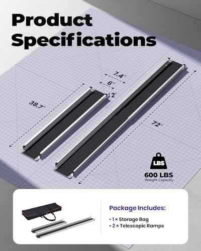 Adjustable Wheelchair Ramp 6FT Telescoping Portable Ramps for Steps Aluminum Lightweight Ramp with Storage Bag Non-Skid Ramps for Wheelchair for Home 72" L x 7.4" W 600lbs Capacity (2 Pack)