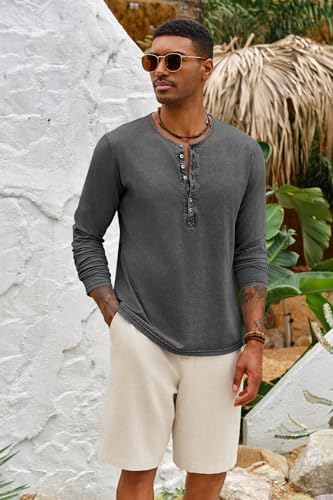 Beotyshow Mens Distressed Henley Shirts Front Placket Retro Long Sleeve Tee Shirts Casual Button Down Washed T-Shirts for Men