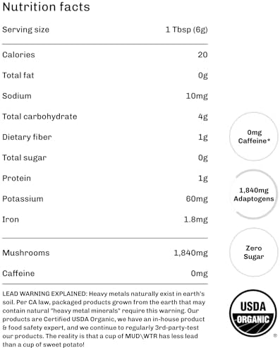 MUD\WTR Turmeric Decaf Mushroom Drink | Zero Caffeine | USDA Organic Mushroom Coffee Alternative | USA Grown | Focus & Immunity Support | Lion's Mane, Chaga, Reishi, Cordyceps | 30 Servings