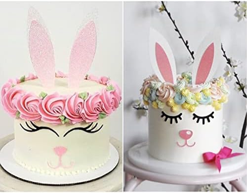 Easter Bunny Ears Cake Topper Decorations with Eyelashes Nose Picks for Easter Rabbit Theme, Birthday, Wedding, Baby Shower, Spring Easter Party Decor Supplies