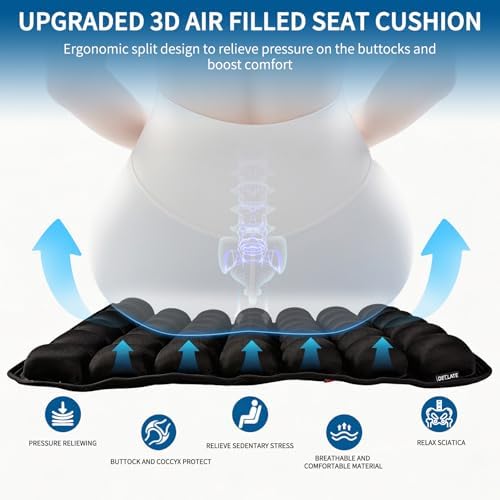 Inflatable Travel Seat Cushion for Airplane: Pressure Relief Seat Cushion with 42 Interconnected Air Cells - Ergonomic Comfort Buttock Supports 380 lb for Wheel Chair/Car/Office/Stadium